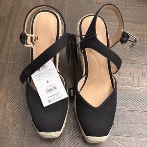 Time and Tru Black Espadrille Wedge Slingback Sandals